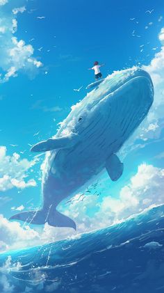 a man riding on the back of a whale in the ocean under a cloudy blue sky