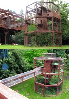 two pictures of the same building in different stages of construction, one has a birdcage