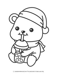 Bear with Santa hat drinking boba coloring page free printable pdf Bear Drinking Boba, Christmas Boba, Bear Drink, Tea Christmas