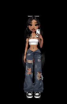 the doll is wearing ripped jeans and a white tank top with black hair, holding a cell phone