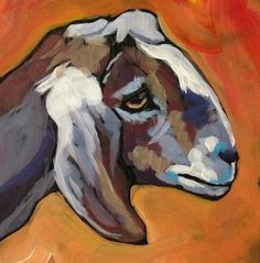 an acrylic painting of a goat's head on orange and yellow background