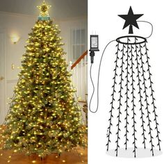 a christmas tree that has been decorated with lights and stars on it, next to a phone charger