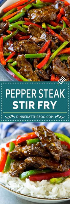 beef stir fry with peppers on top and rice in the bottom, along with an image of