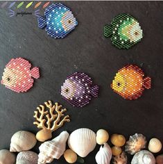 cross stitch fish and seashells on a black surface