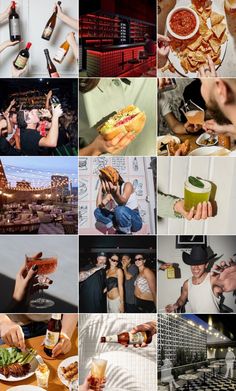 a collage of photos with people eating and drinking