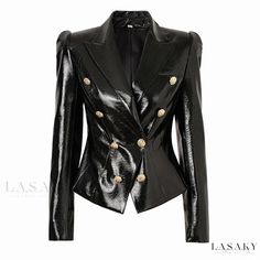 Lasaky - Premium Lapel Gold Tone Double Breasted Fitted Waist Sheen Vegan Leather Jacket Versace Jacket Women, Versace Jacket, Womens Faux Fur Coat, Leather Blazer Jacket, Blazer Jackets For Women, Vegan Leather Jacket, Fur Coats Women, Cardigan Sweater Jacket, Leather Jacket Black