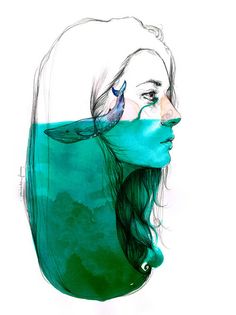 a drawing of a woman's face with blue and green hair