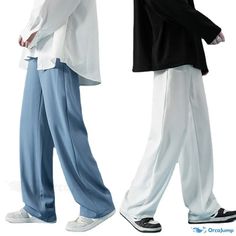 OrcaJump - Breathable Relaxed Fit Solid Color Straight Leg Pants for Casual Comfort Casual Non-stretch Full-length Dress Pants, Casual Blue Full-length Dress Pants, Blue Casual Wide-leg Dress Pants, Casual Blue Wide-leg Dress Pants, Casual White Dress Pants With Pockets, Blue Full Length Casual Dress Pants, Casual Non-stretch Wide-leg Dress Pants, Casual Stretch Wide Leg Dress Pants, Casual Baggy Dress Pants For Spring