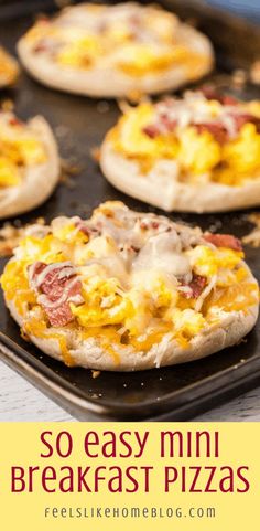 mini breakfast pizzas on a baking sheet with text overlay