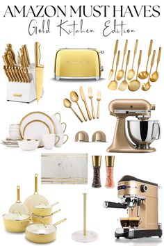 an assortment of gold kitchen utensils and appliances with text overlay that says amazon must haves