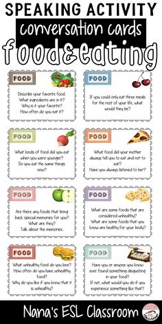 a poster with the words speaking activity for food and eating