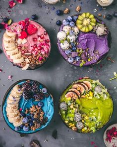 three bowls filled with different types of desserts