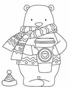 a black and white bear holding a cup of coffee