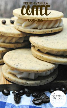 french vanilla coffee cookies stacked on top of each other with coffee beans around the edges