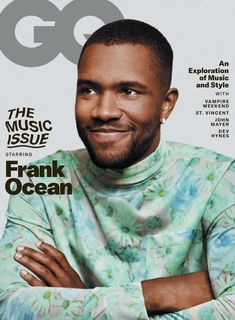 a man with his arms crossed on the cover of gq magazine, which features frank ocean