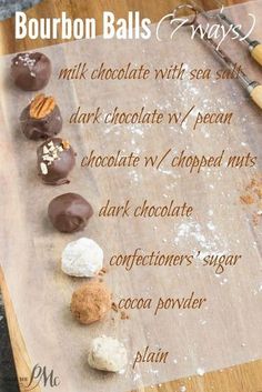 chocolate covered doughnuts are lined up on a cutting board with words written below