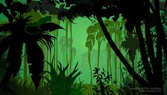 an image of a jungle scene with birds in the trees and green light coming from behind