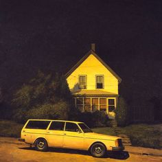 a painting of a yellow station wagon parked in front of a white house at night