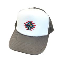 Classic Two Tone Trucker Hat In Grey And White With Southwestern Patch Adjustable Snap Back Unisex One Size Fits Most By Shophippiesonly.Com Bohemian White Hat For Outdoor, White Bohemian Hat For Outdoor, White Bohemian Outdoor Hat, White Adjustable Country Style Trucker Hat, White Trucker Snapback Hat With Patches, White Patches Trucker Hat, Western Style Adjustable Trucker Hat 5-panel, Western-themed Snapback Trucker Hat, Cowgirl Life