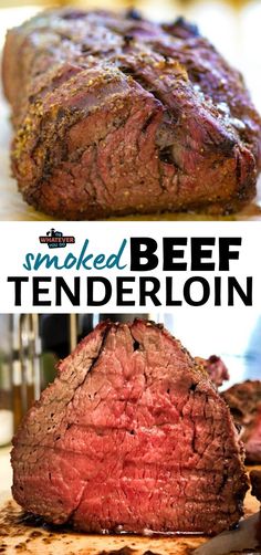 sliced tenderloin on a cutting board with text overlay that reads, smoked tenderloin on whatever you do