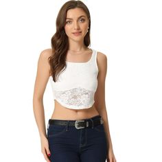 Elevate your evening ensemble with the Allegra K Women's Sleeveless Floral Lace Crop Tank Top. Perfect for those special nights out, this exquisite piece features a delicate semi-sheer floral lace that exudes sophistication and style.

- Material: Floral lace
- Color: White
- Size: X-Small
- Gender: Female
- Age Group: Adult

This crop tank top is designed to pair seamlessly with tight trousers or short skirts, creating a chic and captivating look. Whether you're heading to a party or a club, th