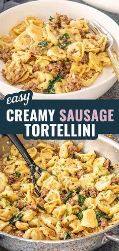 creamy sausage tortellini in a skillet with a serving spoon on the side