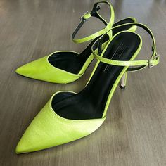 Great Condition. See Picture For Minor Rubbing. Never Worn Outside. Size Inside Says 6.5, But Fits Like An 8.5. Yellow Pointed Toe Synthetic Heels, Yellow Heels With Ankle Strap And Heel Strap, Yellow Heels With Ankle Strap, Lime Green Heels For Spring Party, Yellow Heels With Padded Heel, Fitted Yellow Heels With Padded Heel, Closed Toe Yellow Heels, Yellow Closed Toe Evening Heels, Yellow Low Heel Evening Heels