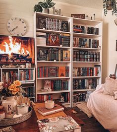 a living room filled with lots of books on top of a book shelf next to a bed