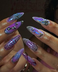 5 Colors Nails, Purple Nails Almond Art Designs, Nails Cool Colors, Gold And Dark Purple Nails, Crazy Almond Nails, Purple Edgy Nails, Best Nail Designs 2024, Short Cyberpunk Nails, Nail Portfolio Ideas