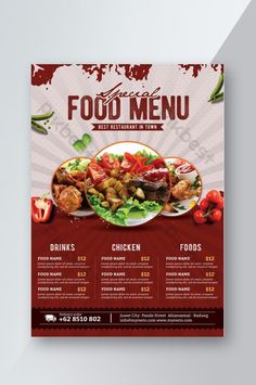 a restaurant menu with an image of food on the front and side, in red tones