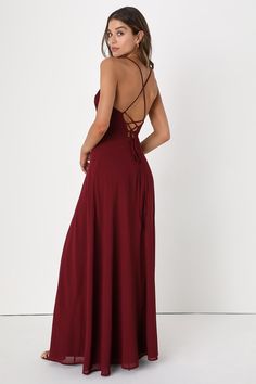 Burgundy Maxi Dress - Pleated Backless Dress - Lace-Up Maxi - Lulus Elegant Formal Evening Dress With Lace-up Back, Elegant Flowy Chiffon Dress For Party, Flowy Floor-length Prom Evening Dress, Party Evening Dress With Tie Back And Fitted Bodice, Flowy Dress For Gala And Prom Season, Flowy Maxi Dress For Gala And Prom Season, Flowy Maxi Dress For Gala And Prom, Backless Chiffon Dress For Prom, Floor-length Chiffon Evening Dress For Gala