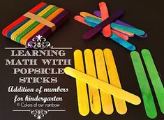 colorful popsicle sticks are laid out on a black surface with text reading learning math with popsicle sticks addition of numbers for children