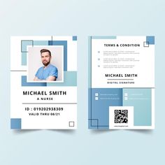 a blue and white business card with a man's face in the center, on a light blue background