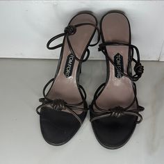 Pre Loved. Open To Offers Designer Formal Sandals With Padded Heel, Designer Open Toe Formal Sandals, Designer Brown Evening Sandals, Designer Brown Sandals For Evening, Designer Formal Sandals With Single Toe Strap, Designer Formal Sandals With Sculpted Heel, Designer Sandals With Wrapped Low Heel, Designer Formal Sandals With Round Toe, Designer Sandals With Sculpted Heel For Formal Wear