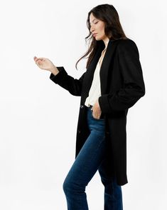 Introducing the epitome of timeless elegance and conscious fashion – our Women's Ethical Wool Knee-Length Coat in Black. Crafted with precision and designed to resonate with the modern woman's style sensibilities, this coat combines classic menswear-inspired tailoring with a sustainable ethos, making it a must-have addition to your wardrobe. Tuxedo Coat, Modern Womens Fashion, Classic Menswear, Conscious Fashion