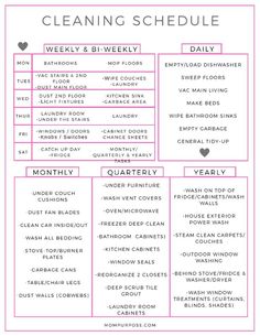 the cleaning schedule is shown in pink and white, with words describing how to use it