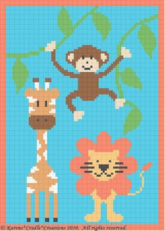 a cross stitch pattern with two animals and a monkey