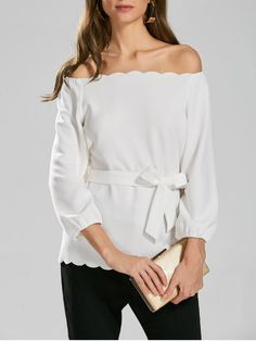 Scalloped Belted Off Shoulder Top - WHITE M Scallop Top, Off Shoulder Top, Spring Tops, Off Shoulder Tops