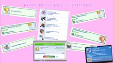 a computer monitor sitting next to a laptop on top of a pink background with text reading realistic school system mod