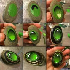 there are many pictures of different things made out of rocks with green paint on them