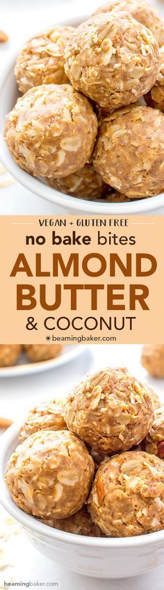 no bake bites almond butter and coconut cookies in a white bowl with the words, no bake bites almond butter and coconut