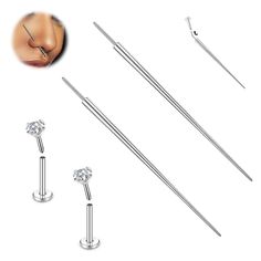 three different types of surgical piercings and one with a diamond on the end,