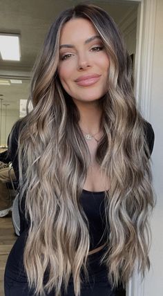 Blonde Hair Color Ideas For Hispanics, Lights Brown Hair With Highlights, Bayalage Blonde Root Melt, Balayage Hair Brunette With Blonde Long, Ash Blonde Balayage Brunette Money Piece, Brown Balage Hair, Full Balayage On Black Hair, Blond Bayalage On Black Hair, Blonde And Brunette Hair Ideas