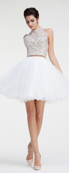 White Tulle Petticoat For Prom, Fitted White Skirt For Prom, White Organza Skirt For Party, White Dresses For Quinceanera And Prom Season, White Dresses For Quinceanera During Prom Season, Hc Dresses, Sparkly Two Piece, Champagne Party Dress, Two Piece Prom