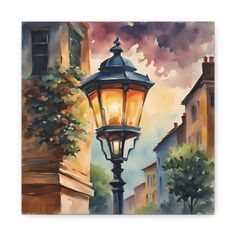 a painting of a street light in the city