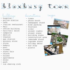 a white poster with pictures and words describing the locations of buildings in different places on it