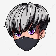 an anime character wearing a black mask with grey hair and purple eyes, transparent background