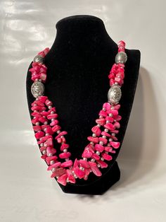 Please see the pictures as they are part of the description and feel free to ask any additional questions. An amazing combination of shapes and beads of pink and silver colors. All items are stored, sold, and shipped from a smoke-free, alcohol-free, and pet-free environment. Colors in images may differ slightly from items in real life due to the calibration of your screen. ** Some handmade items may have imperfections; this does not imply that they are damaged or improperly made; it is simply th Pink Artisan Beaded Jewelry, Artisan Pink Jewelry With Round Beads, Pink Beaded Necklaces With Silver Beads For Gifts, Artisan Silver Beaded Necklace With Gemstones, Artisan Silver Gemstone Beaded Necklaces, Bohemian Pink Necklace With Polished Beads, Traditional Pink Gemstone Beads Necklaces, Traditional Pink Gemstone Bead Necklace, Traditional Pink Gemstone Beads Necklace