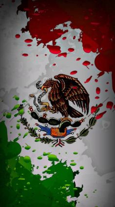 the flag of mexico painted on a wall with red, white and green paint splatters