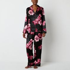 You'll feel glamorous slipping into this Ambrielle women's floral-print satin pajama set at the end of the day. This set includes a button-down shirt with a notch collar, plus a pair of matching pants with an elastic-waist and side slip pockets. # Pieces In Set: 21st Piece Description: Top1st Piece Collar: Notch Collar1st Piece Apparel Length: 26 Inches1st Piece Fabric: Satin1st Piece Fiber Content: 97% Polyester, 3% Spandex1st Piece Care: Tumble Dry, Machine Wash2nd Piece Description: Pants2nd Floral Print Satin Sleepwear For Loungewear, Satin Floral Print Sleepwear, Satin Pajama Set, Satin Pajama, Satin Long Sleeve, Satin Pyjama Set, Satin Pajamas, Matching Pants, Notch Collar